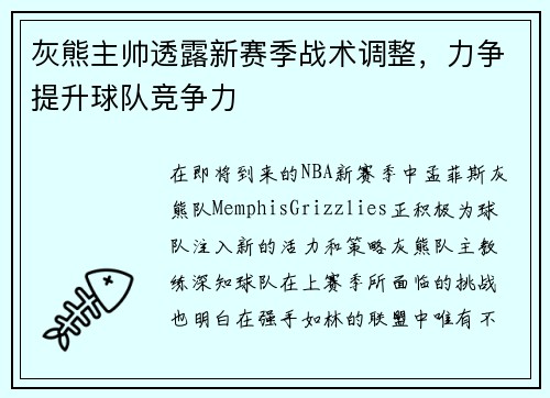 灰熊主帅透露新赛季战术调整，力争提升球队竞争力